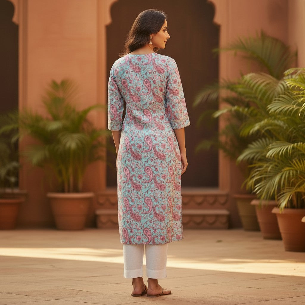 Naanu powder blue and pink paisley floral Jaipur block print cotton kurta with 3/4 sleeves and square neckline.