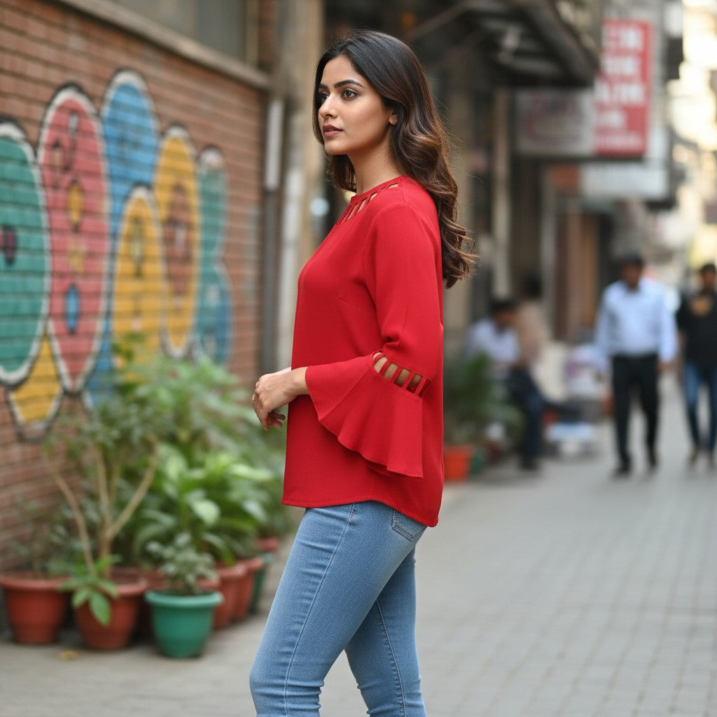 Naanu red crepe top with black geometric cutwork neckline and bell sleeves with tassel trim.