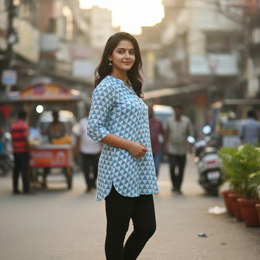 Naanu sky blue and white geometric triangle print 3/4 sleeve cotton tunic top with V-neck and button placket.