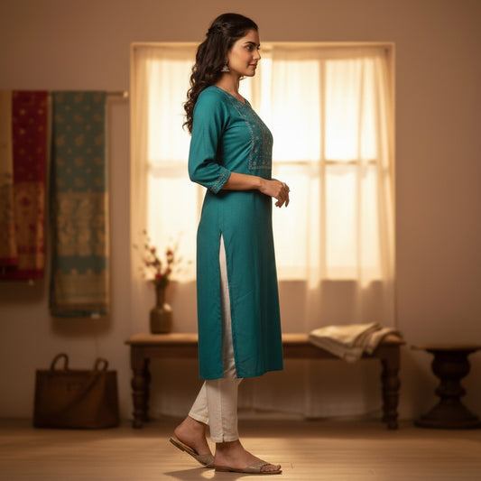 Naanu teal peacock blue cotton kurta with white chikankari embroidery on the yoke and sleeve bands. Model wears white pants.