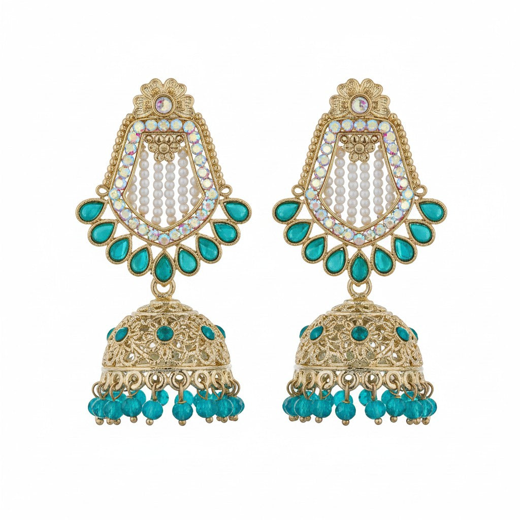 Naanu gold-tone jhumka earrings with teal teardrop kundan stones, pearl beads, and crystal drops.