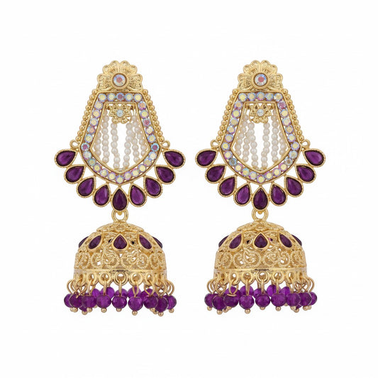 Naanu gold-tone chandbali jhumka earrings with violet purple kundan stones and pearl drops.