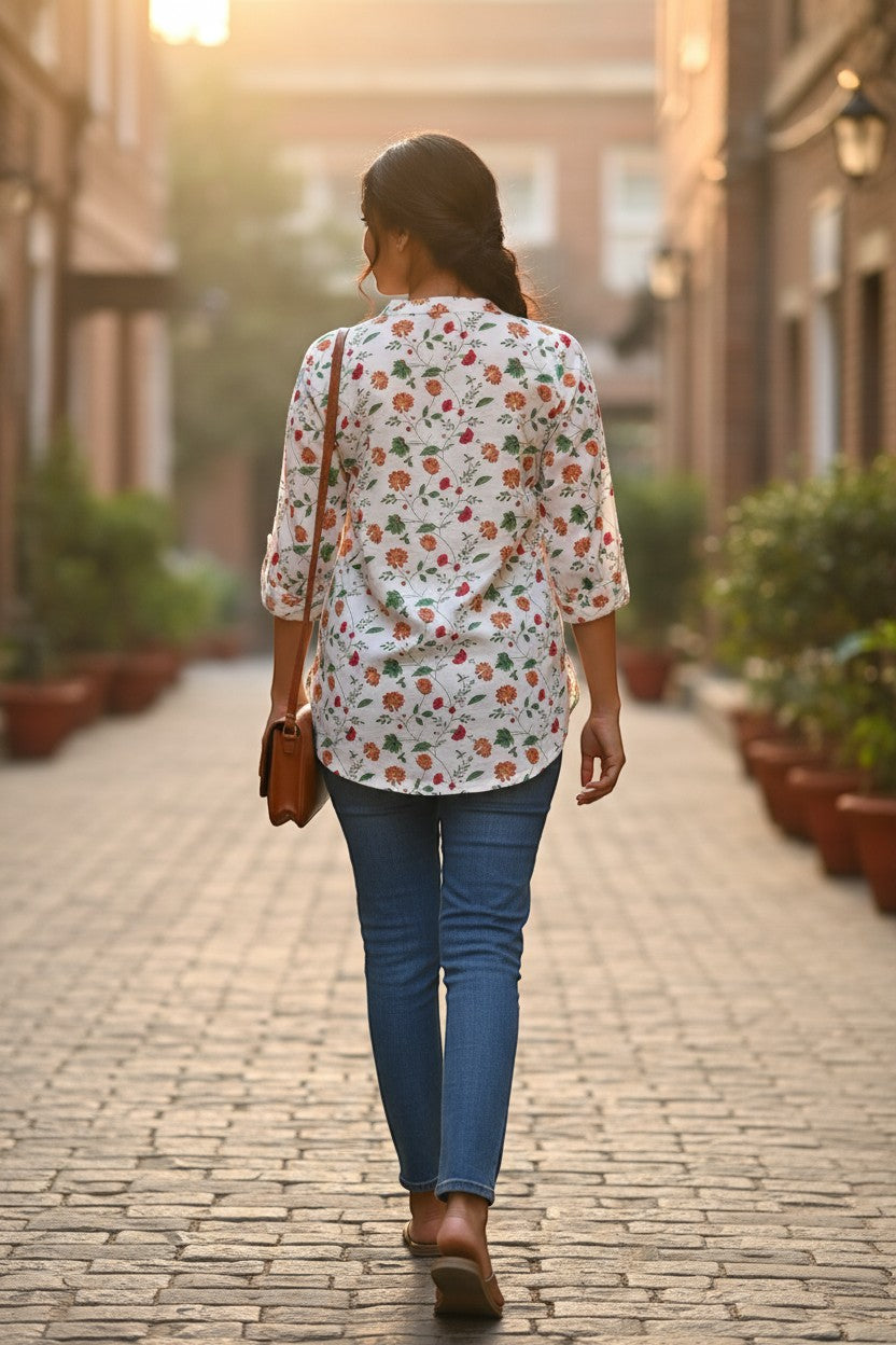 Naanu white cotton kurti with Mughal floral print, 3/4 sleeves, and V-neck. Model wears blue jeans.