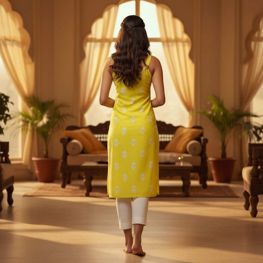 Naanu yellow cotton kurta with white tulip print, sweetheart neckline, and wide straps, paired with white pants.