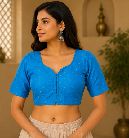 Parrot Green Butta Silk Readymade Blouse – Half Bell Sleeves, Front Hooks & Round Back Cutout with Tassel Knot