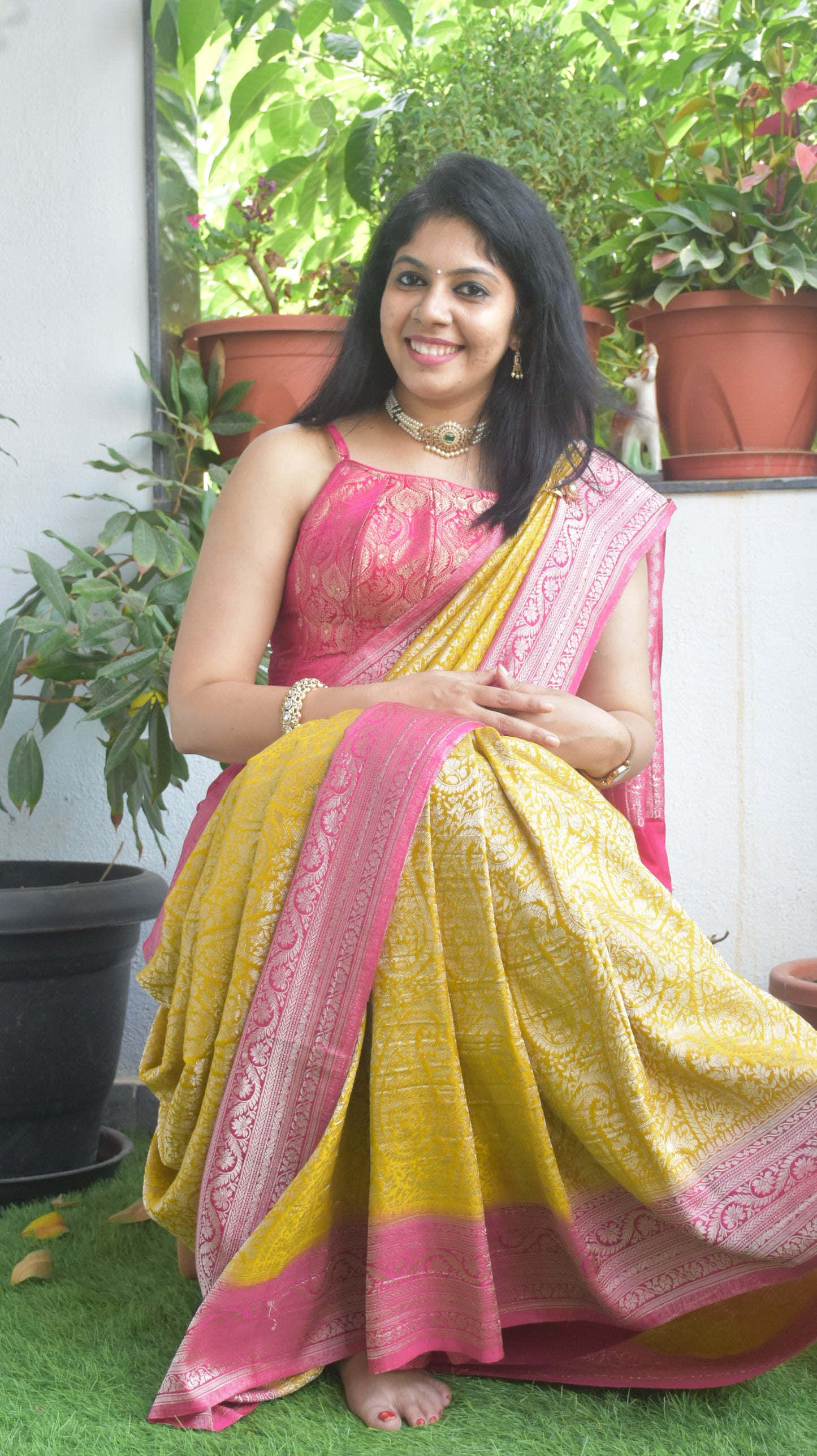 Banarasi Khadi Georgette Saree in mustard yellow and pink - side view
