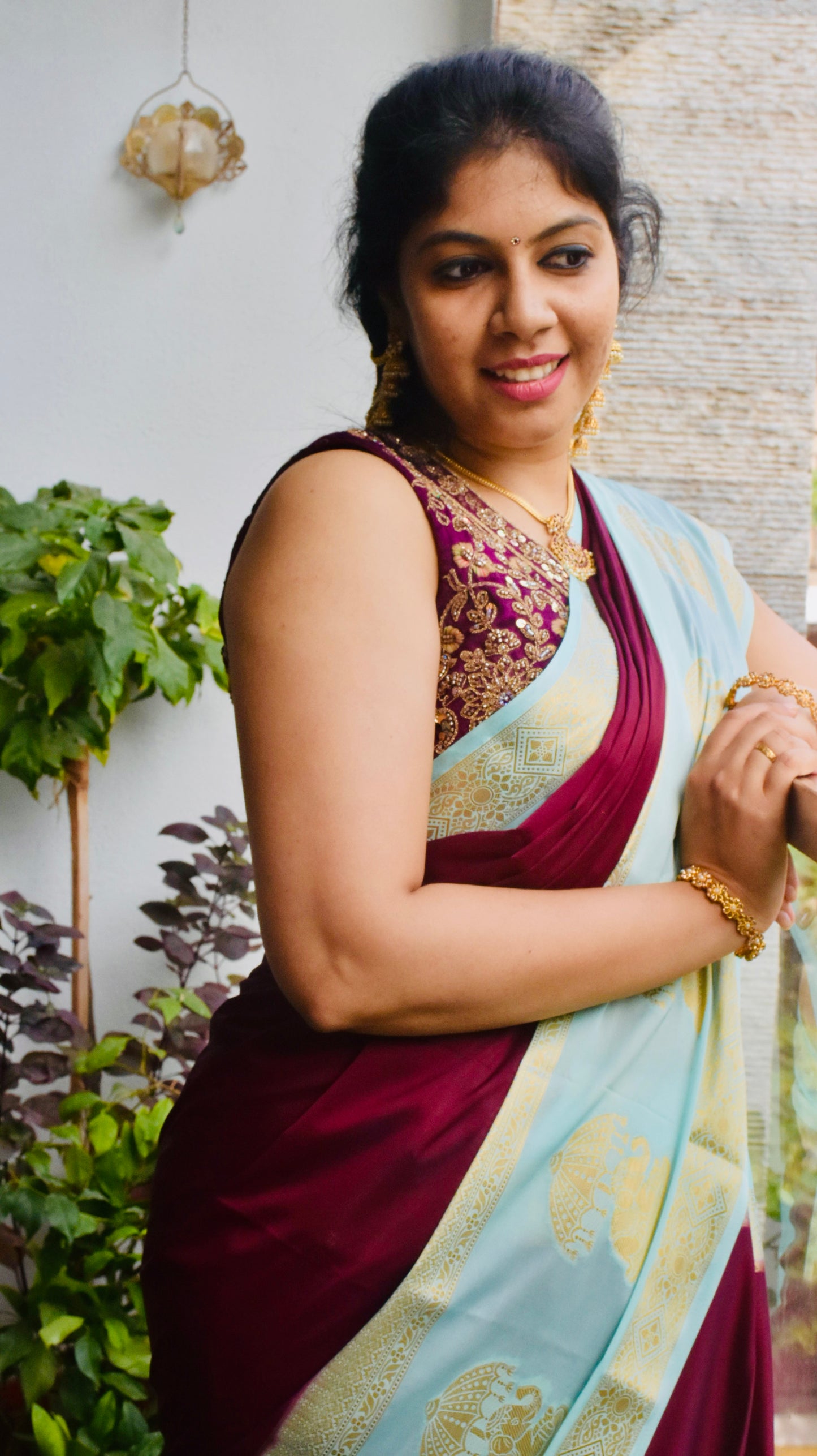 KSIC Mysore Silk Saree burgundy mint green border - full drape view