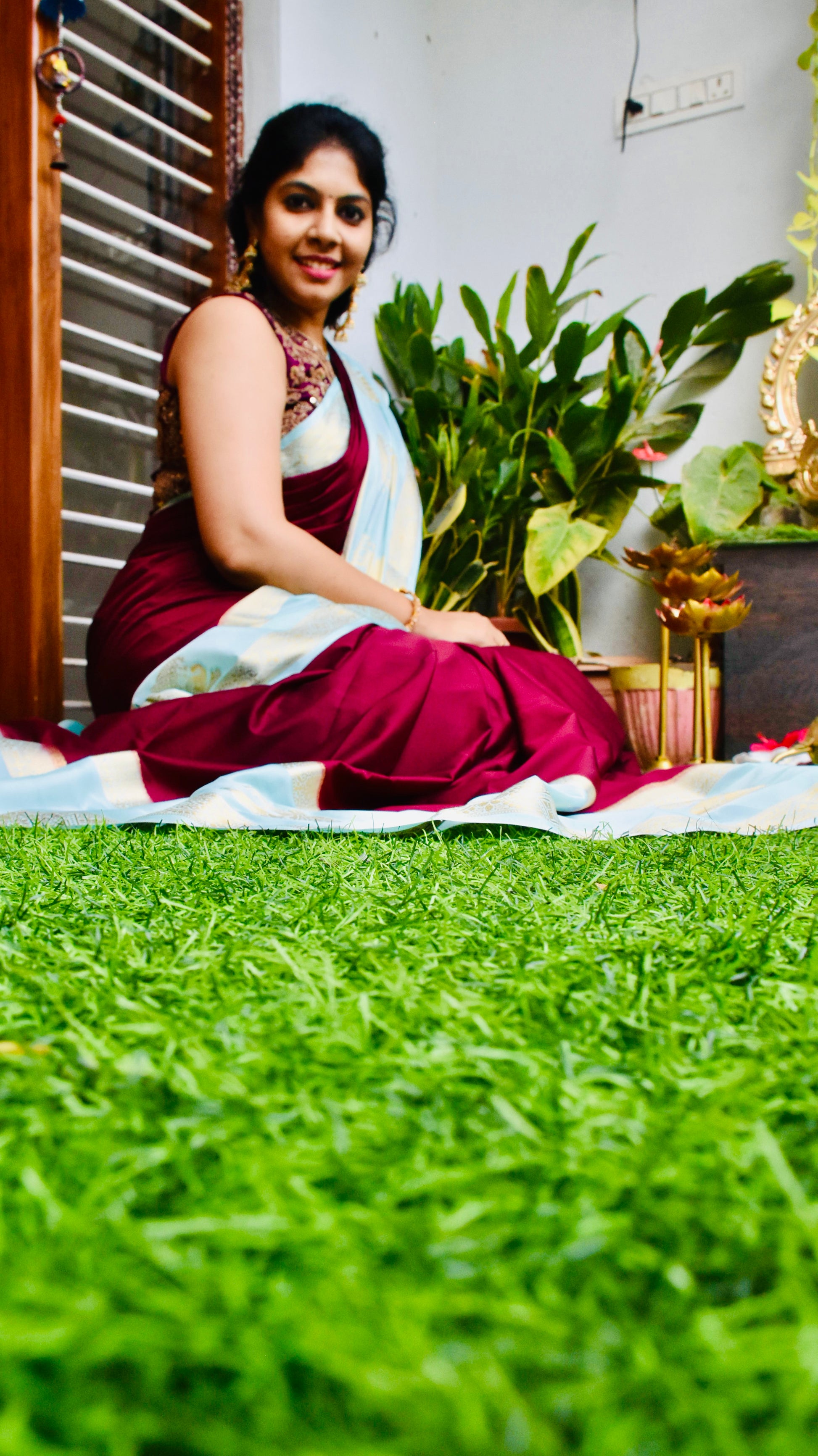 KSIC Mysore Silk Saree burgundy - front drape with zari border detail