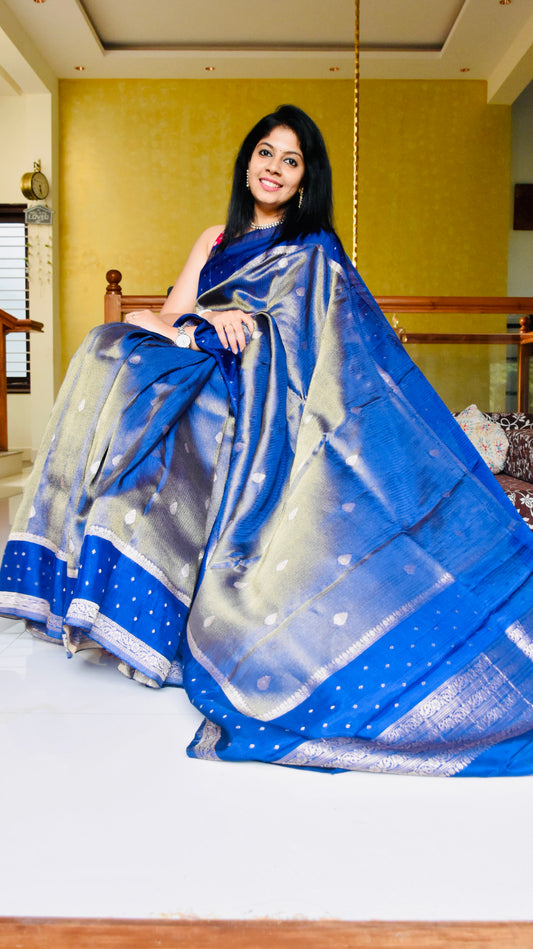 Royal blue Banarasi silk saree - full drape side view with silver zari