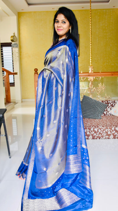 Royal blue Banarasi silk saree - model relaxed pose showing drape and border