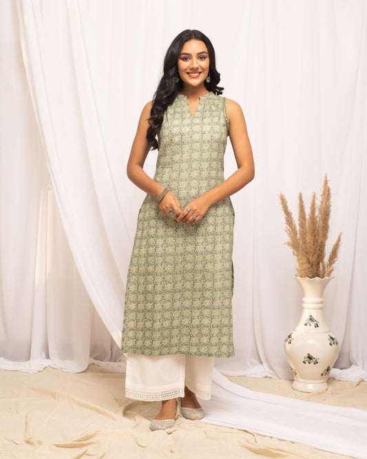 Elegant Green Printed Cotton Kurta