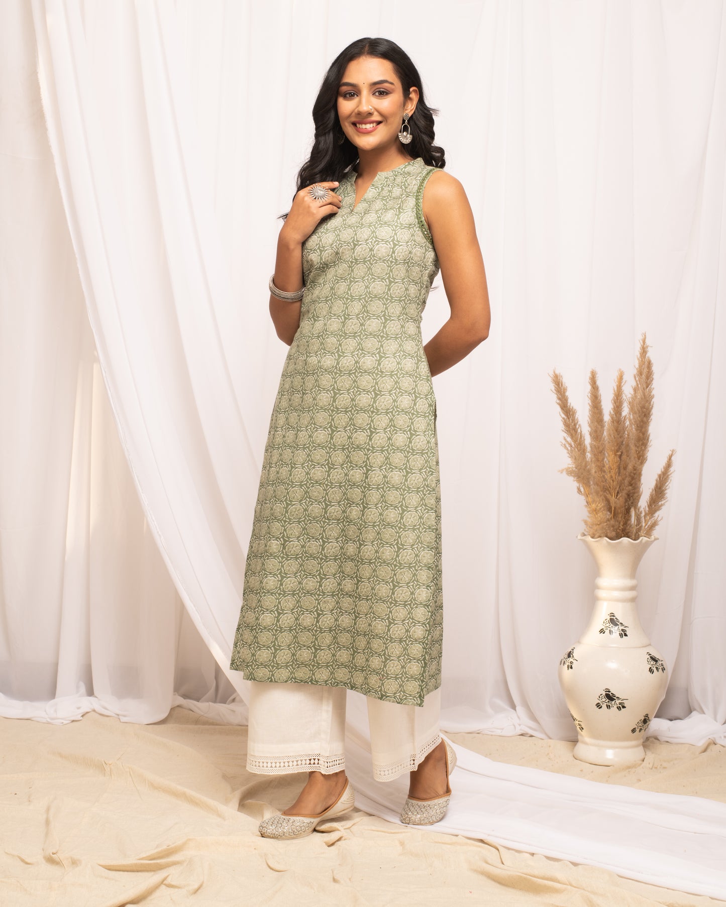 Elegant Green Printed Cotton Kurta