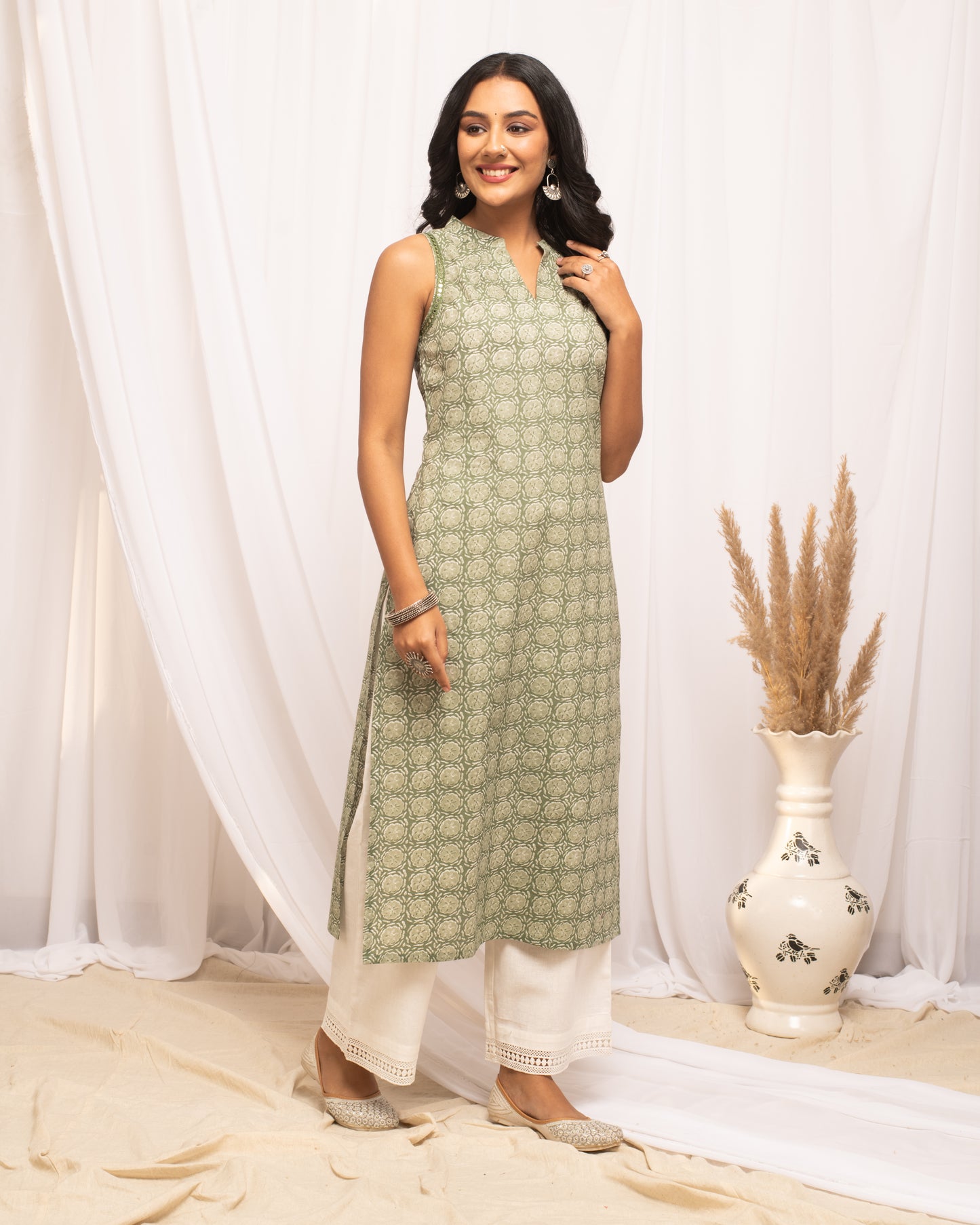 Elegant Green Printed Cotton Kurta