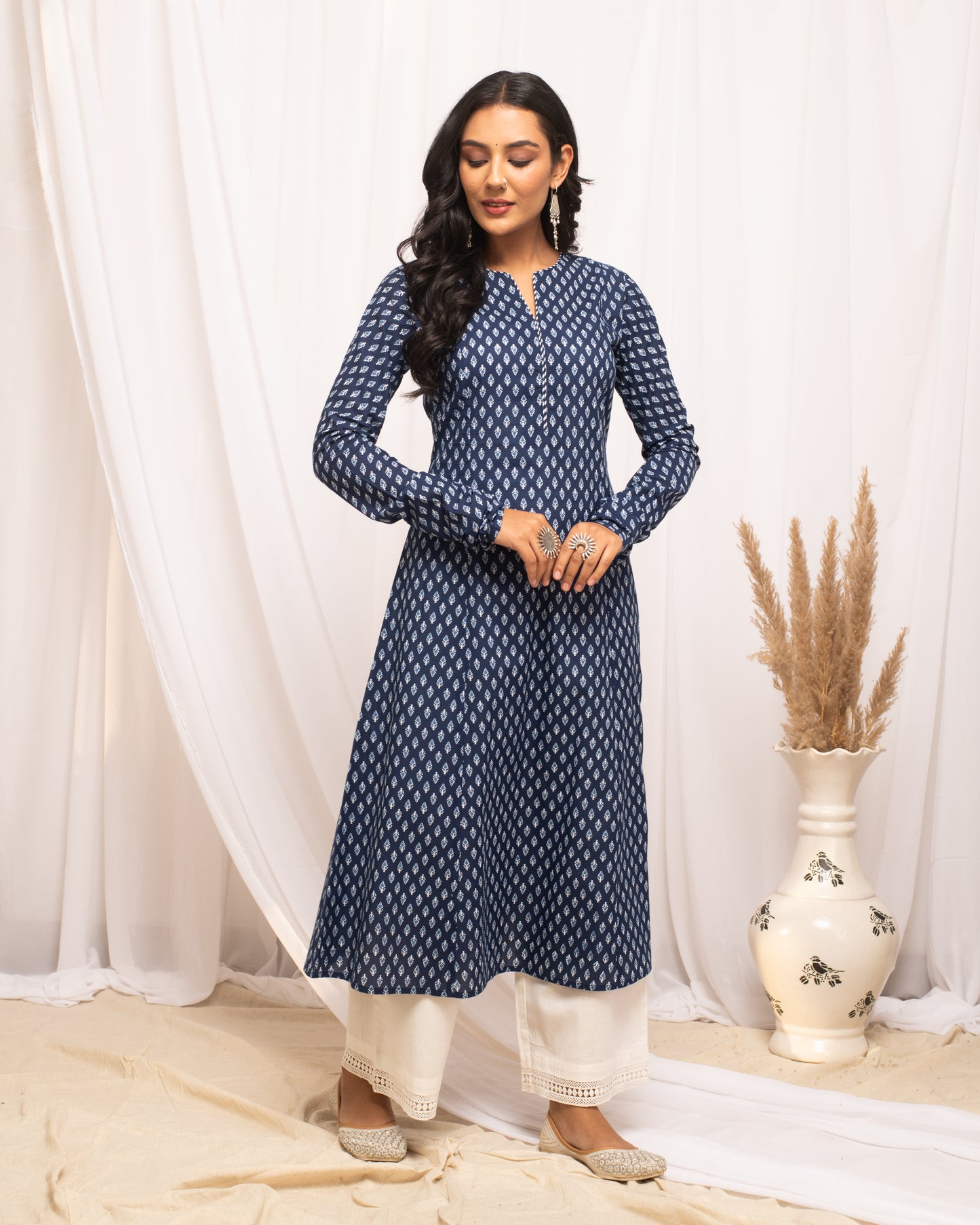 Flared Blue Printed Cotton Kurta with Long Sleeves