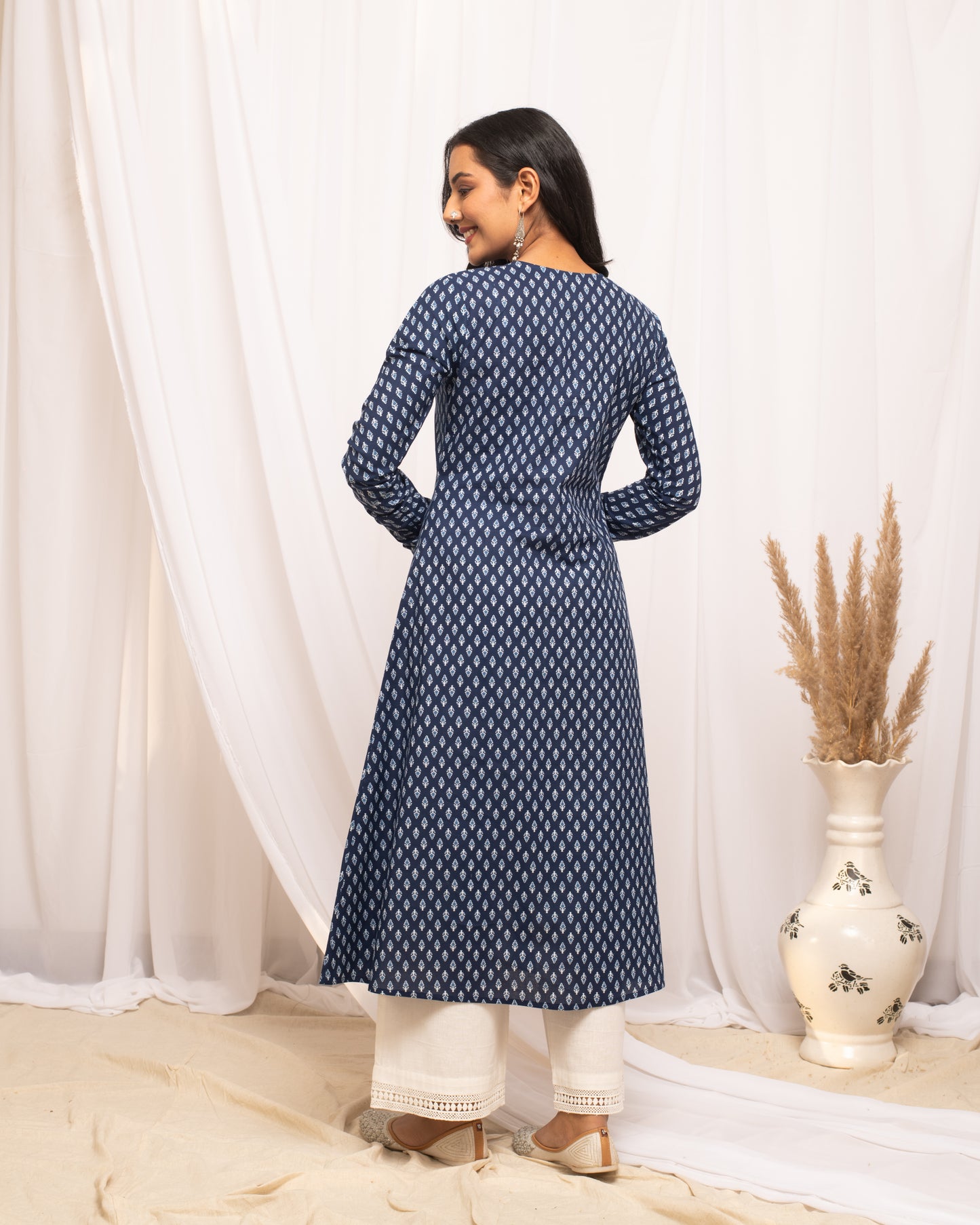 Flared Blue Printed Cotton Kurta with Long Sleeves