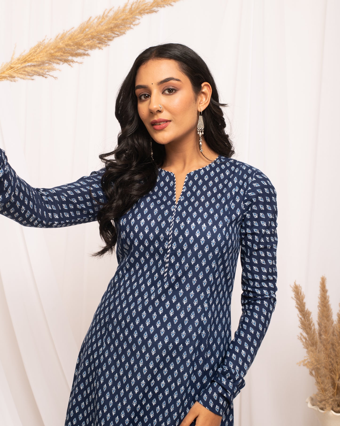 Flared Blue Printed Cotton Kurta with Long Sleeves