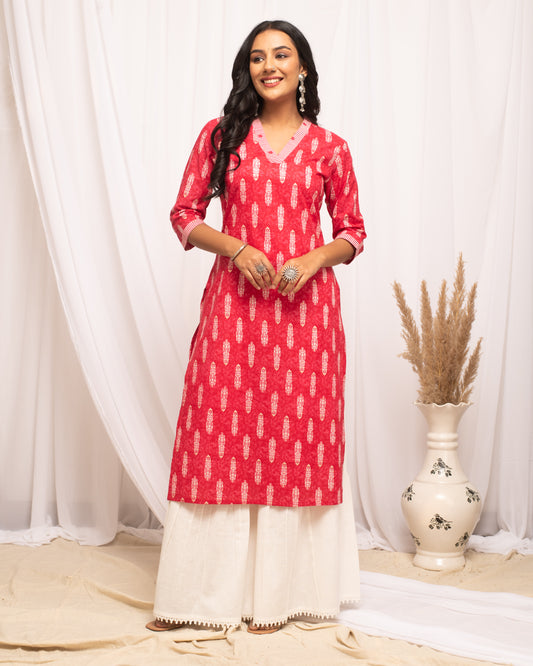 Red Abstract Printed V-Neck Cotton Kurta
