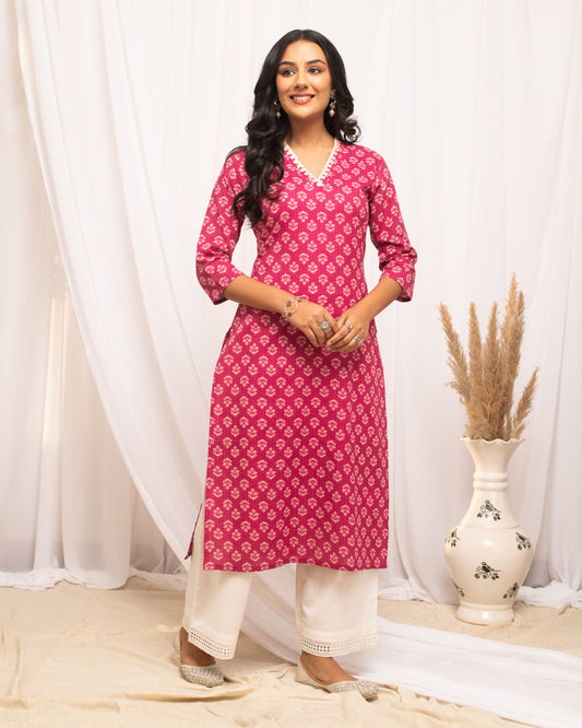 Pink Floral Print V-Neck Cotton Kurta
