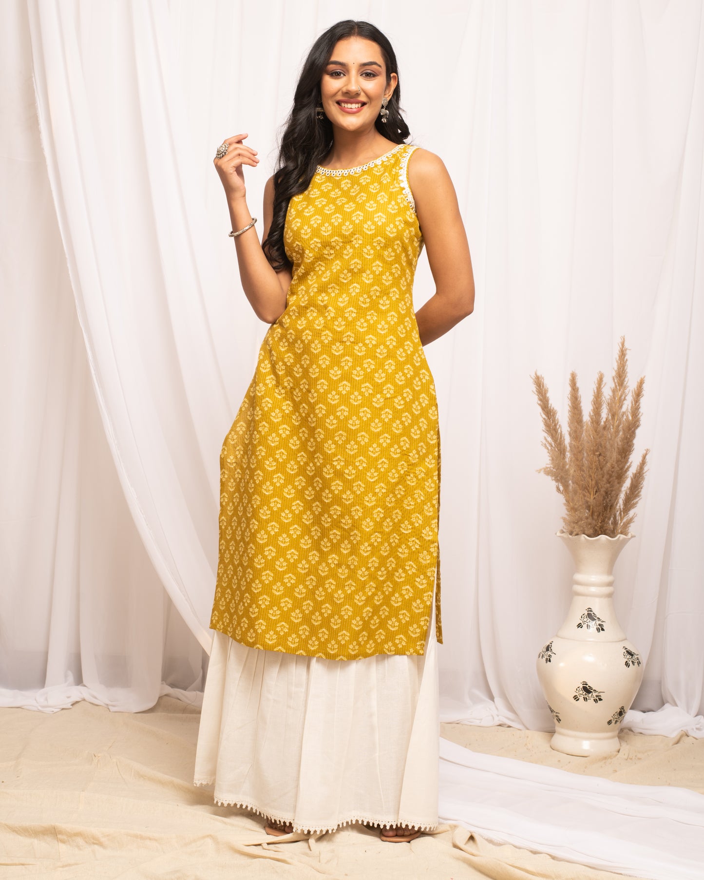 Yellow Floral Print Sleeveless Kurta