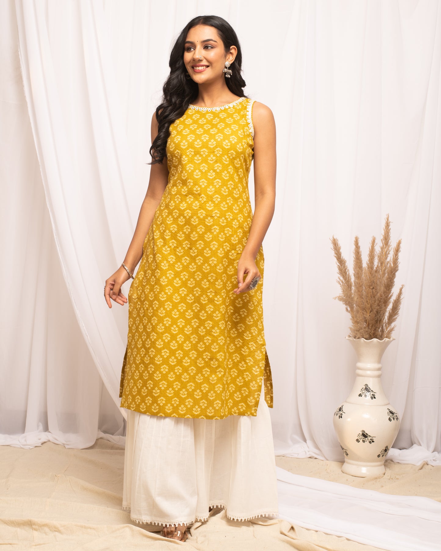 Yellow Floral Print Sleeveless Kurta