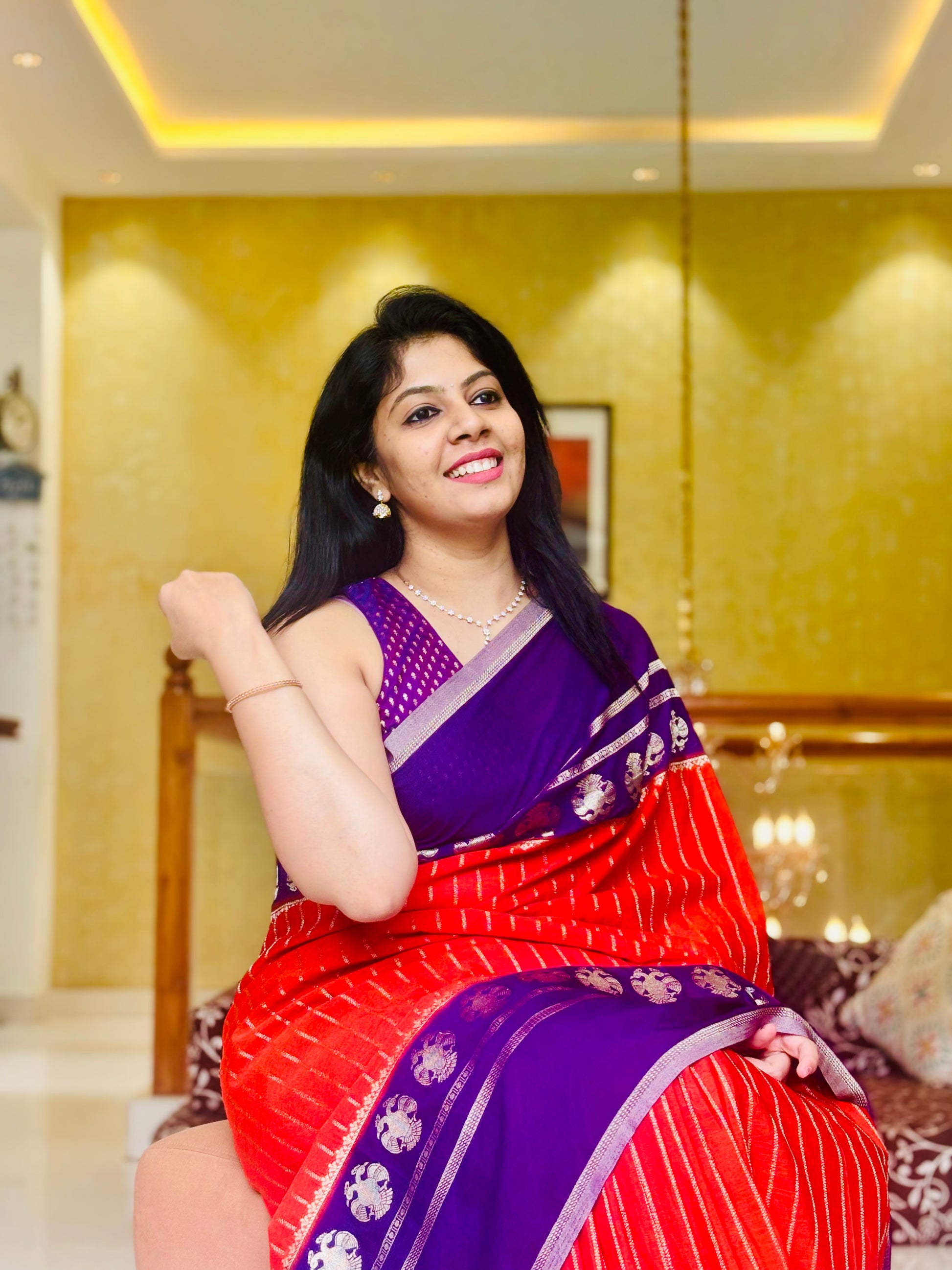 Khadi Georgette Saree Red Purple - Standing pose at doorway
