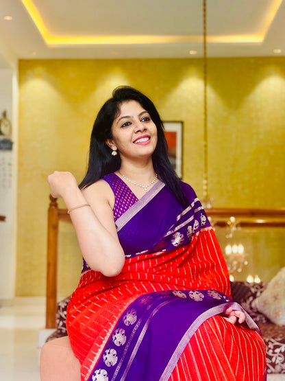 Khadi Georgette Saree Red Purple - Standing pose at doorway