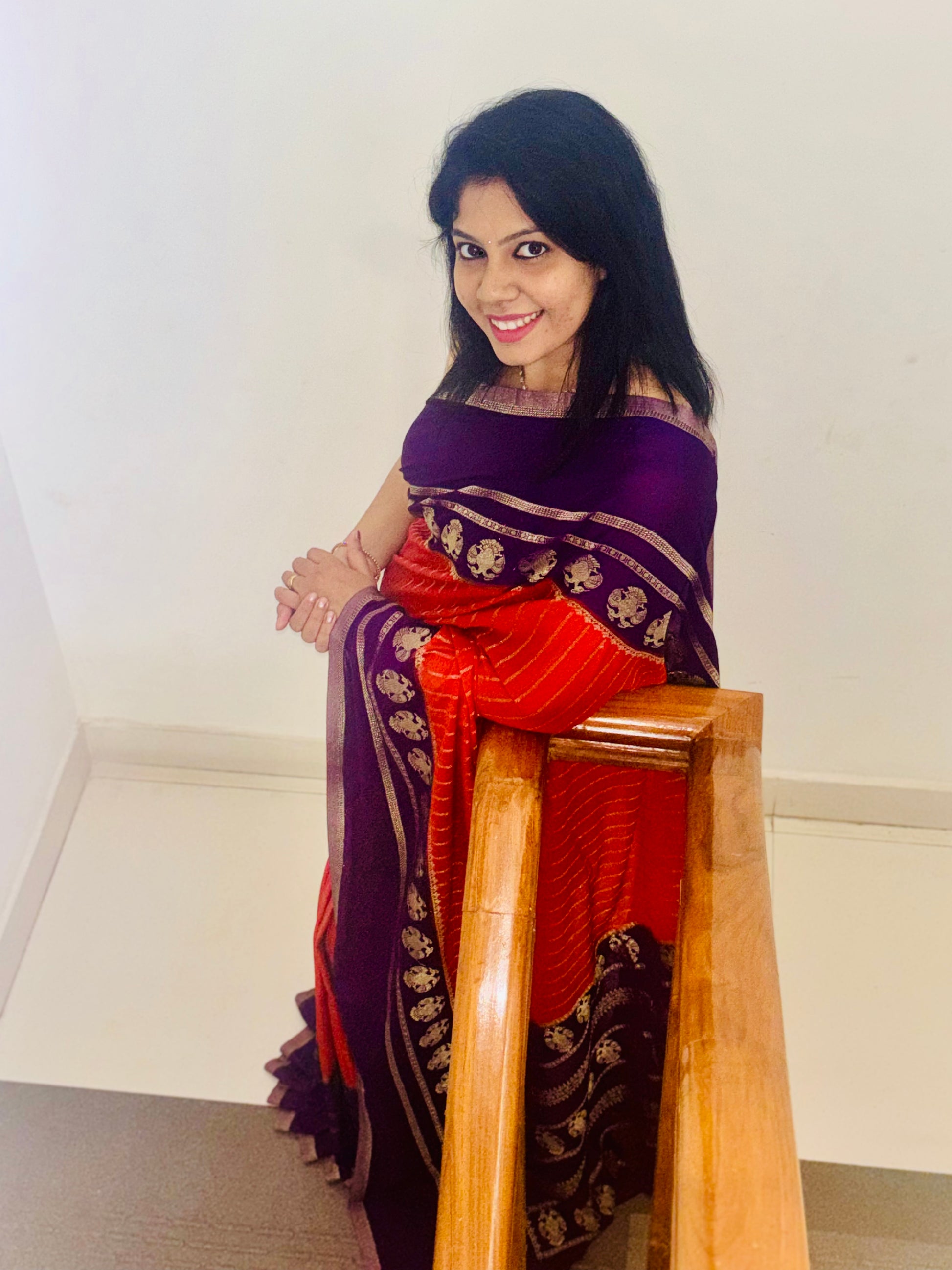 Khadi Georgette Saree Red Purple - Flowing pallu pose