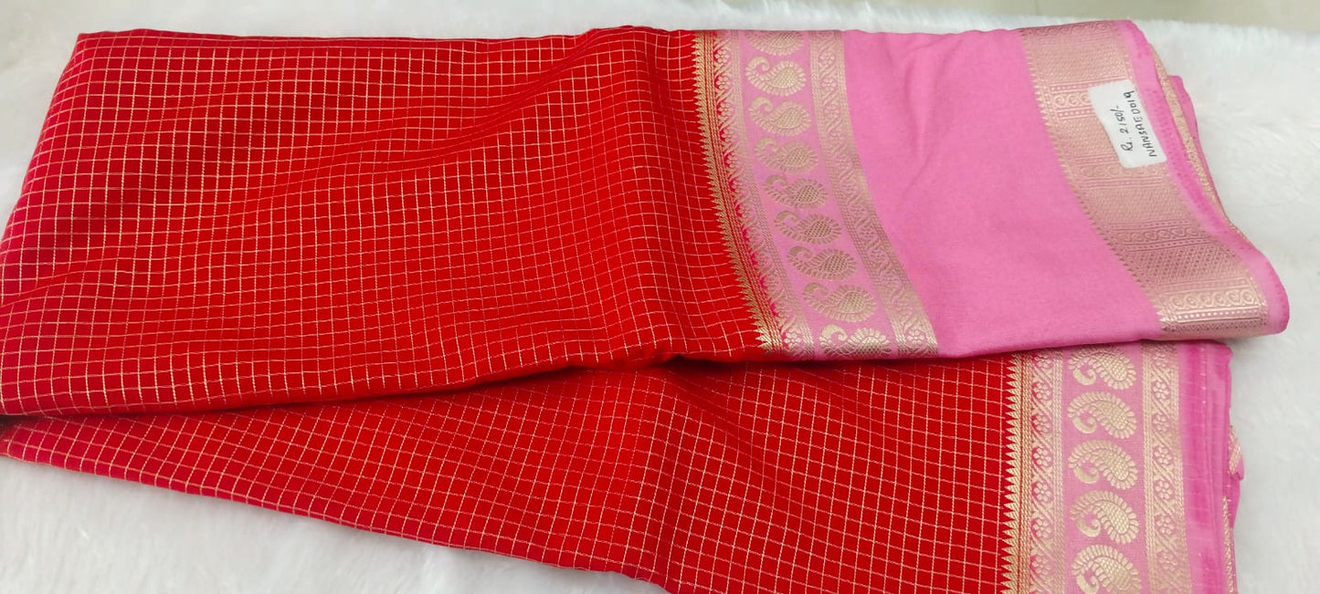 Red Crepe Silk Saree | Fine Gold Zari Check Body | Grand Pink Crepe Pallu | Bridal Wear