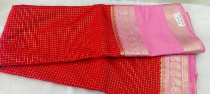 Red Crepe Silk Saree | Fine Gold Zari Check Body | Grand Pink Crepe Pallu | Bridal Wear
