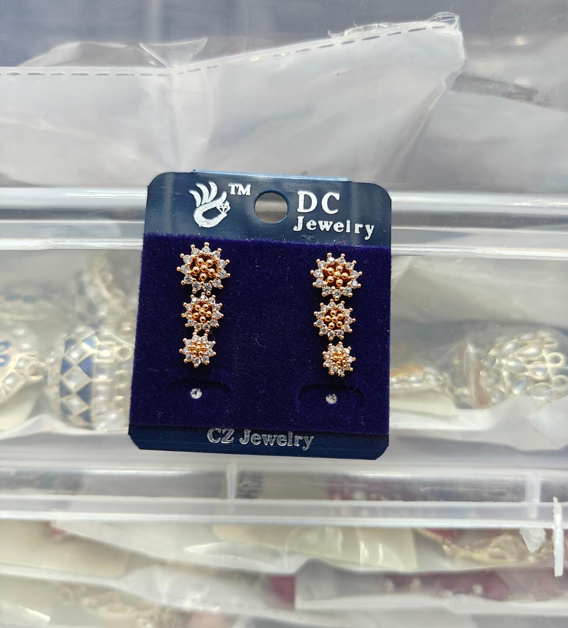 Rose Gold Triple CZ Daisy Flower Linear Drop Earrings