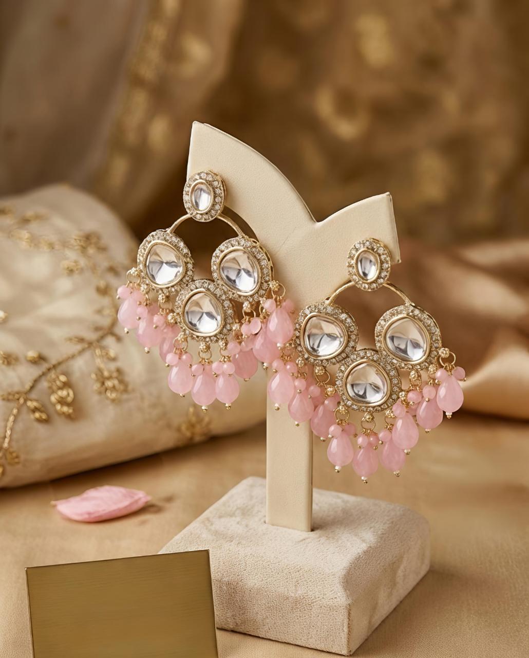 Gold Kundan Polki Chand Bali Earrings with Blush Pink Crystal Bead Drops