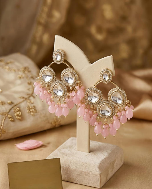 Gold Kundan Polki Chand Bali Earrings with Blush Pink Crystal Bead Drops