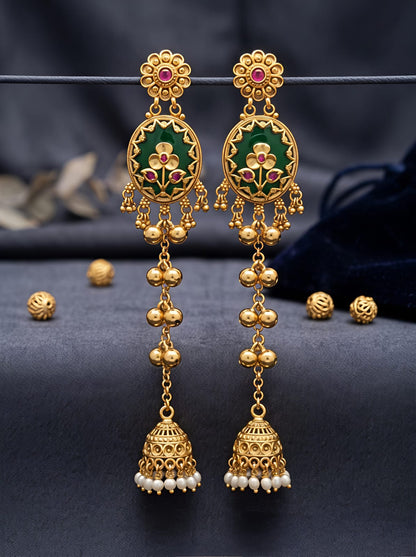 Antique Gold Flower Stud Green Enamel Oval Panel Long Jhumka Drop Earrings with Pearl Drops