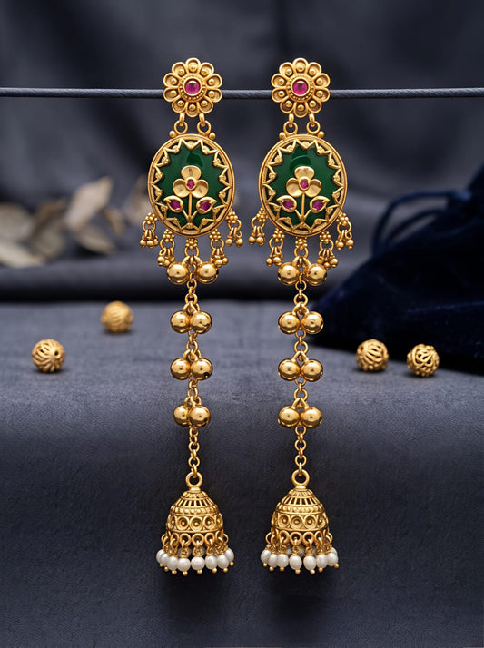 Antique Gold Flower Stud Green Enamel Oval Panel Long Jhumka Drop Earrings with Pearl Drops