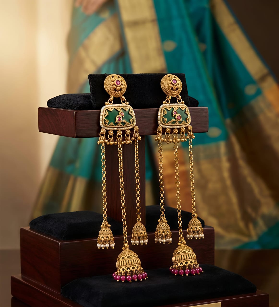 Antique Gold Multi-Jhumka Cascade Earrings with Green Enamel Panel & Ruby Bead Drops