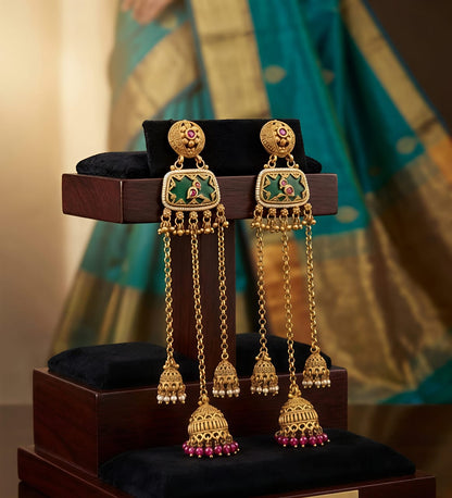 Antique Gold Multi-Jhumka Cascade Earrings with Green Enamel Panel & Ruby Bead Drops