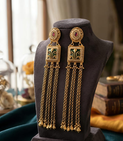 Antique Gold Long Chain Tassel Earrings with Ruby Stud, Green Enamel Panel & Tassel Drops