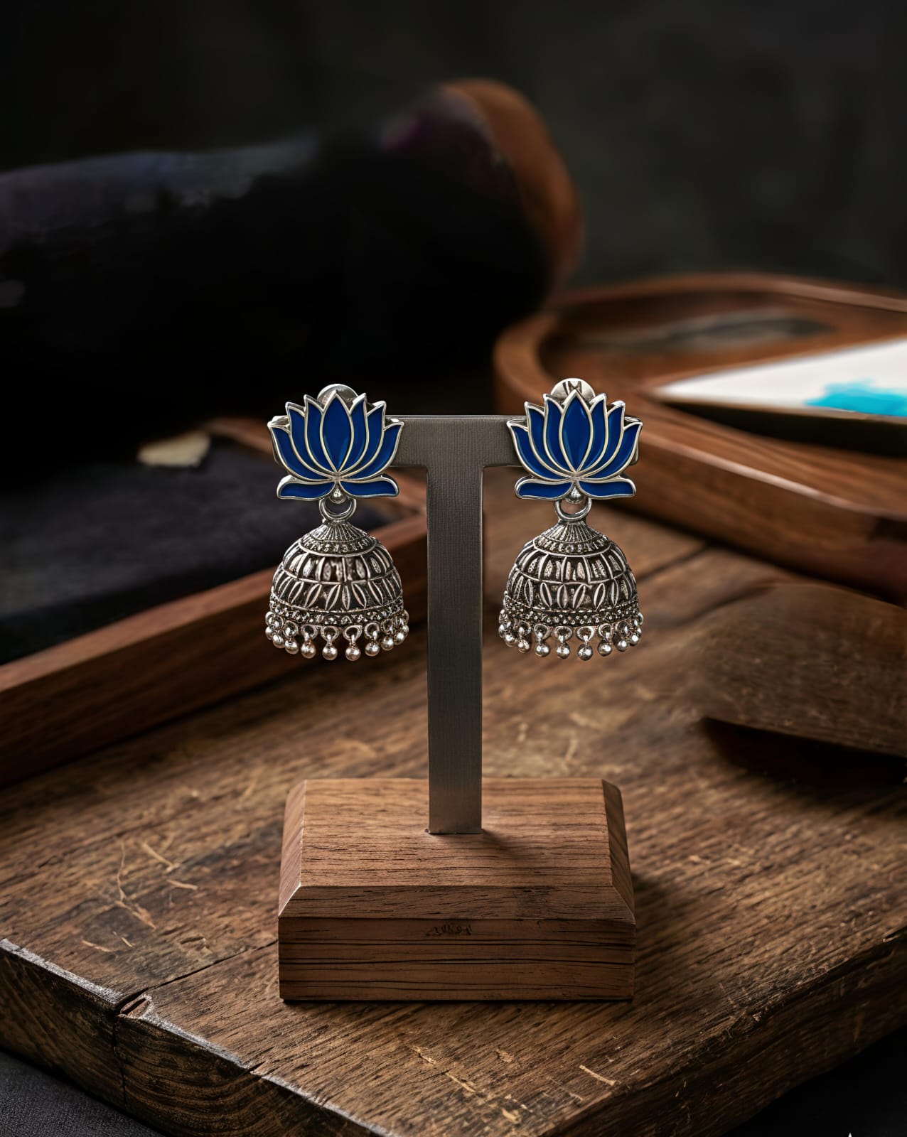 Blue Enamel Lotus Oxidised Silver Jhumka Earrings