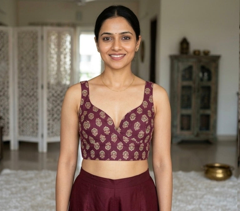 Deep Wine Plum Banarasi Butti Print Silk Sleeveless Crop Blouse with Sweetheart Neckline, Halter Cord Tie & Open Back
