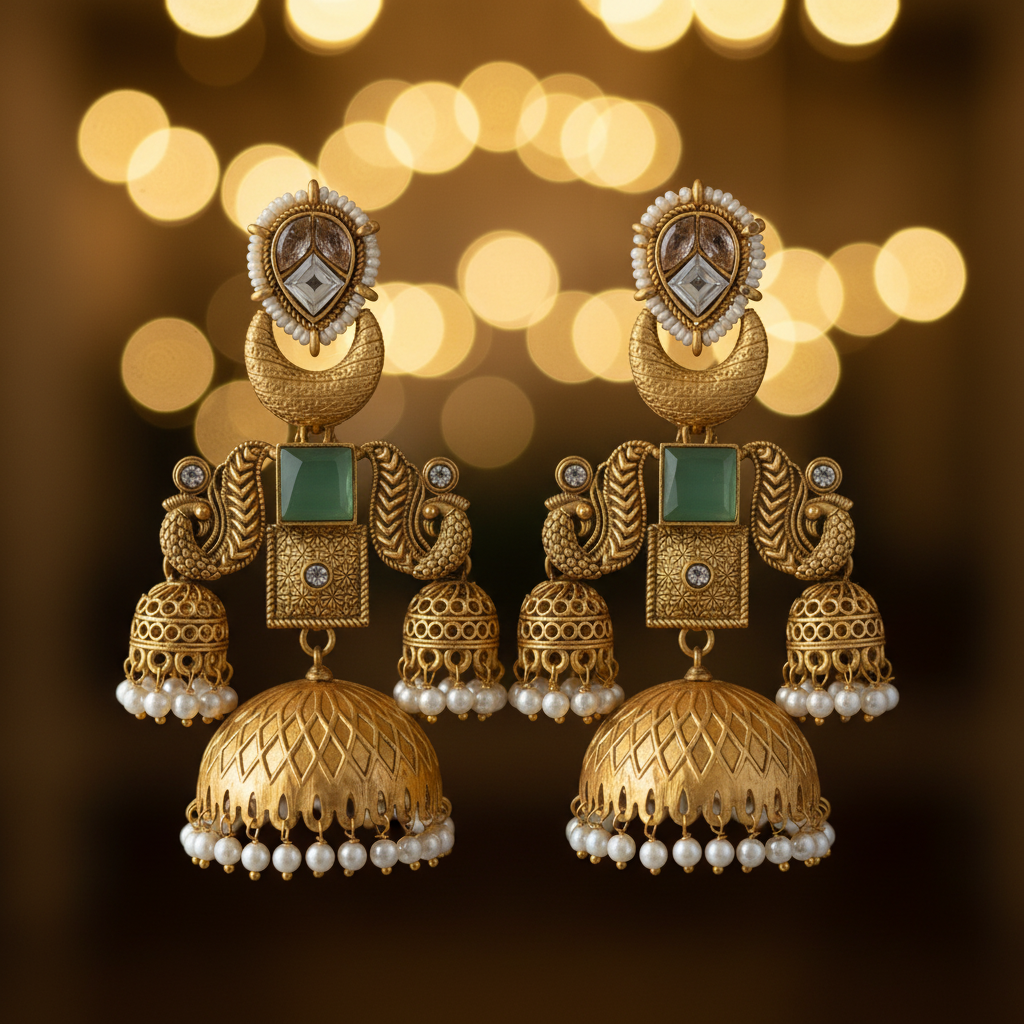 Antique Gold Kundan Jhumka - Detail Shot