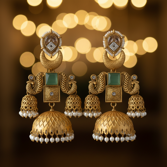 Antique Gold Kundan Jhumka - Detail Shot