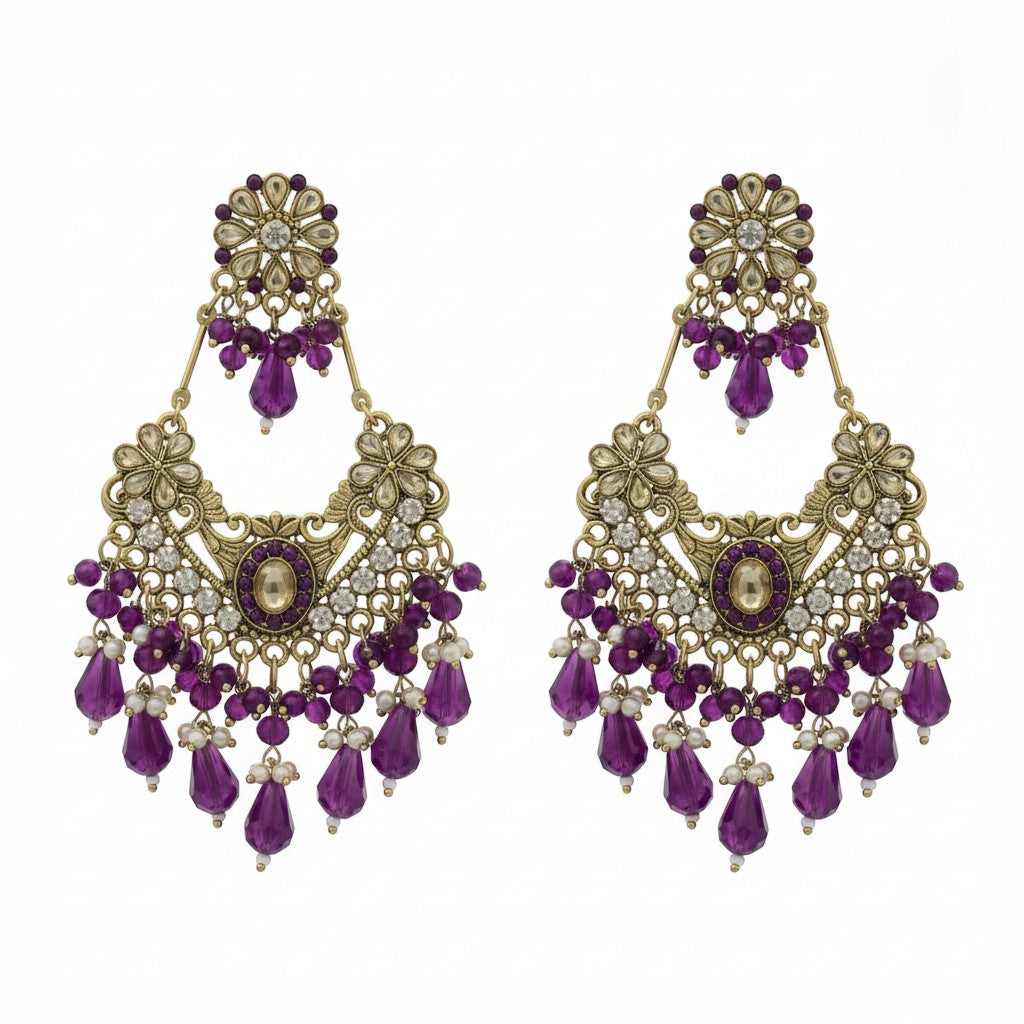 Multicolour Kundan Chandbali Earrings with Rainbow Crystal Drops