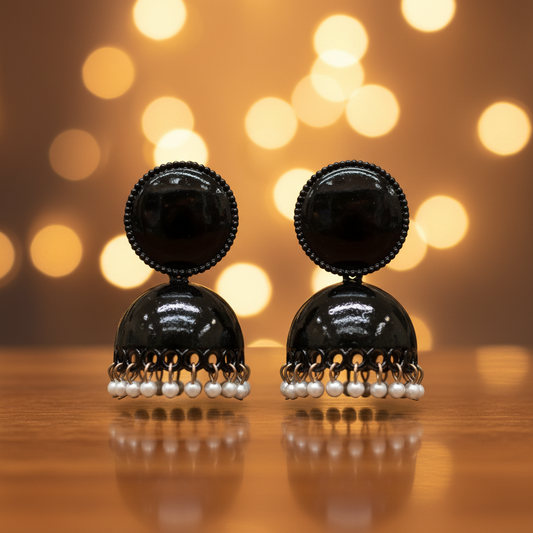 Black Glossy Dome Stud Jhumka with Silver Chain & Pearl Drops
