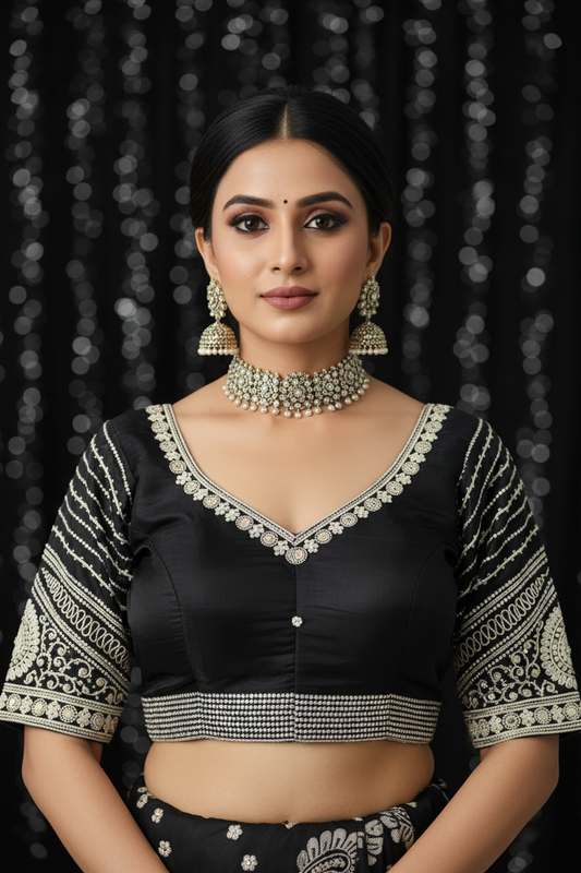 Deep Maroon Organza Readymade Blouse – Half Sleeves with Zardozi Embroidery, Front Hooks & Back Bow Knot