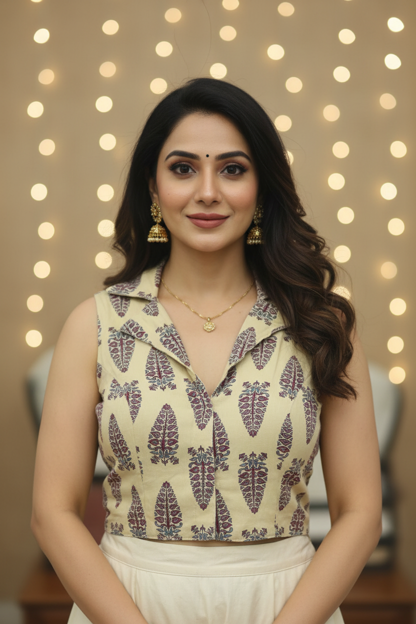 Mustard Yellow Leaf Print Sleeveless Blouse – Collar Neck with Front Hooks