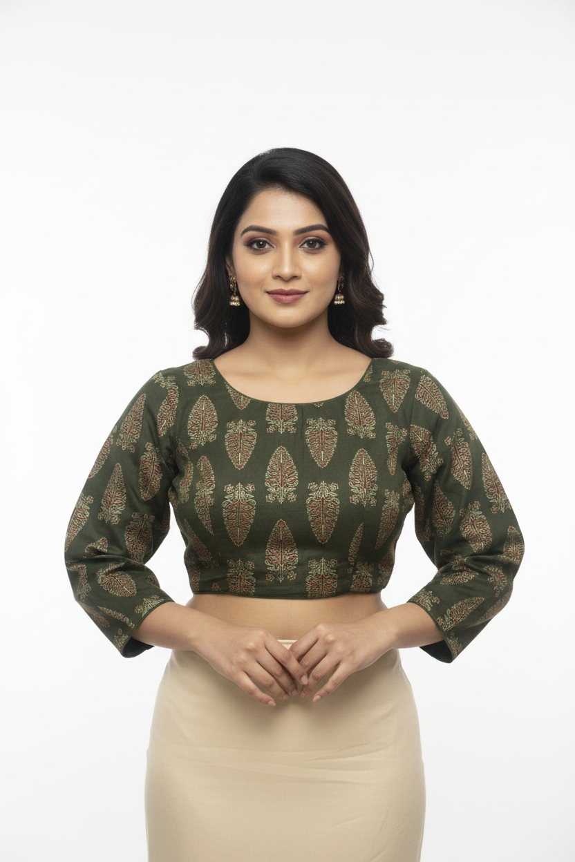 Red Block Print Readymade Blouse – Full Sleeves with Back Knot