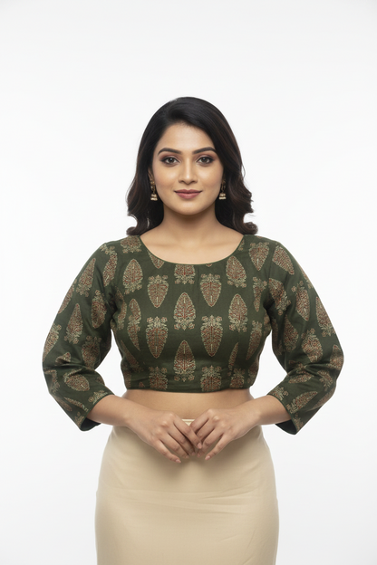 Red Block Print Readymade Blouse – Full Sleeves with Back Knot