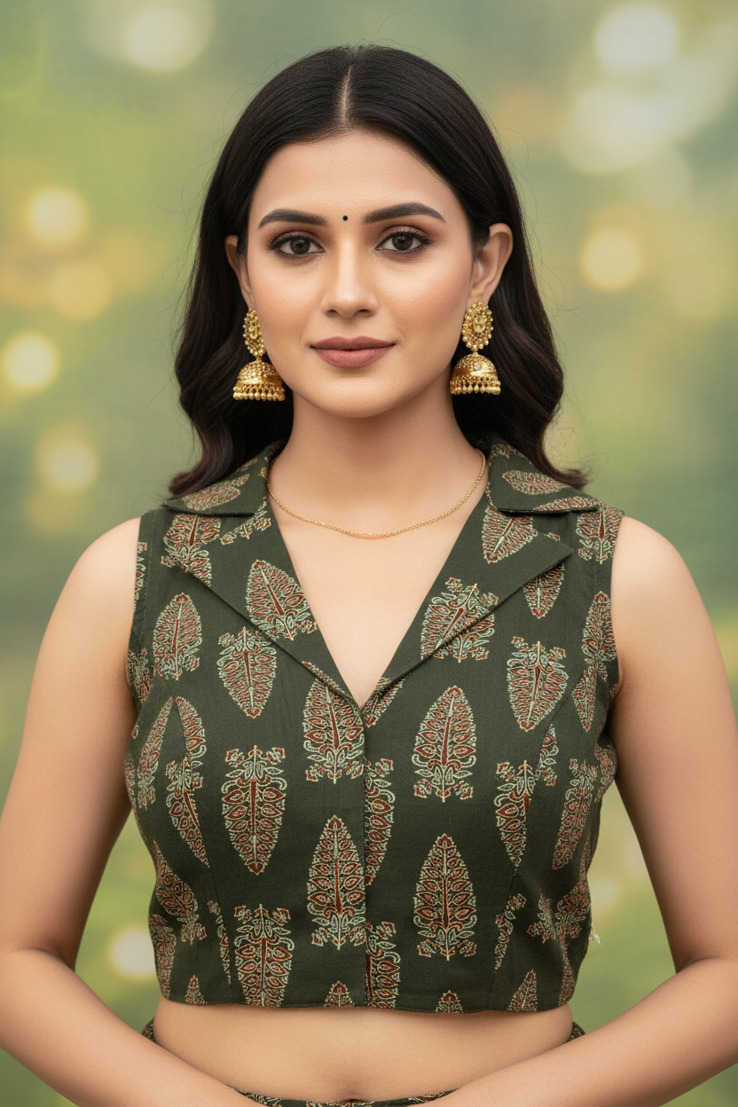 Mustard Yellow Leaf Print Sleeveless Blouse – Collar Neck with Front Hooks