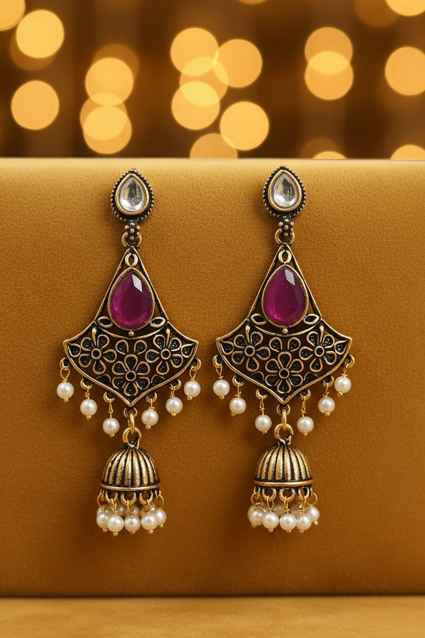 Antique Gold Polki Stud Floral Filigree Fan Chandelier Earrings - E-commerce Product Image