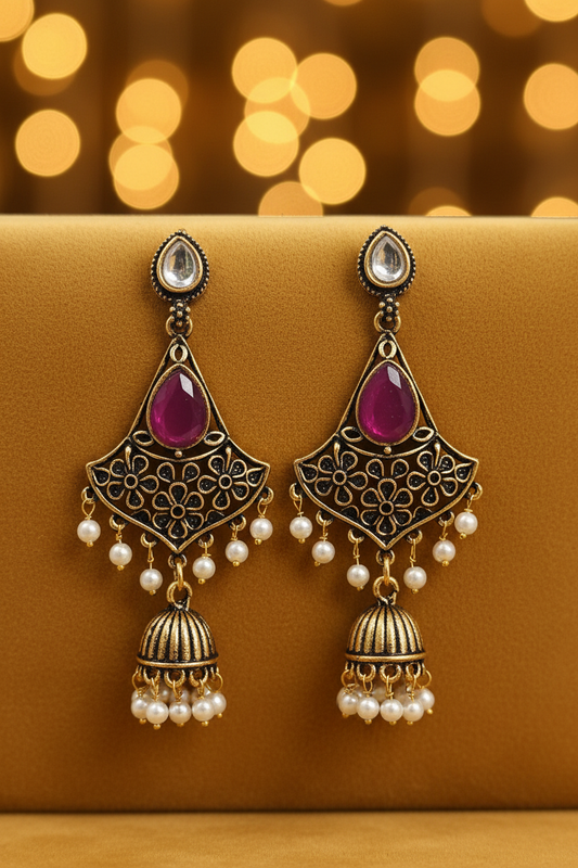 Antique Gold Polki Stud Floral Filigree Fan Chandelier Earrings - E-commerce Product Image